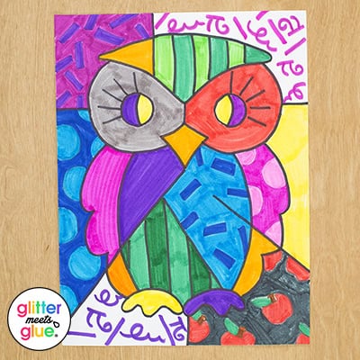 romero britto owl, pop art, pop art project, art history, art project, lesson plan, art sub plan, art lesson ideas