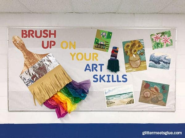 art bulletin board ideas, back to school, end of year, art room, art teacher, art skills, paintbrush, display, elementary art