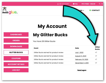 how to view glitter bucks and coupons in my account