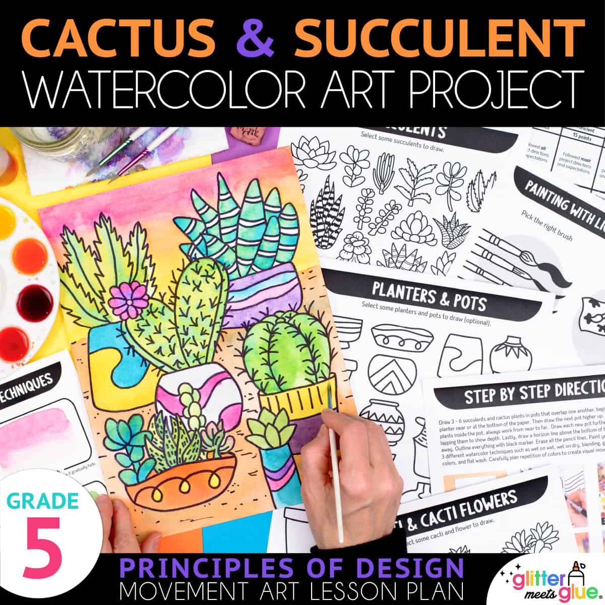 cactus and succulent watercolor art project for 5th grade