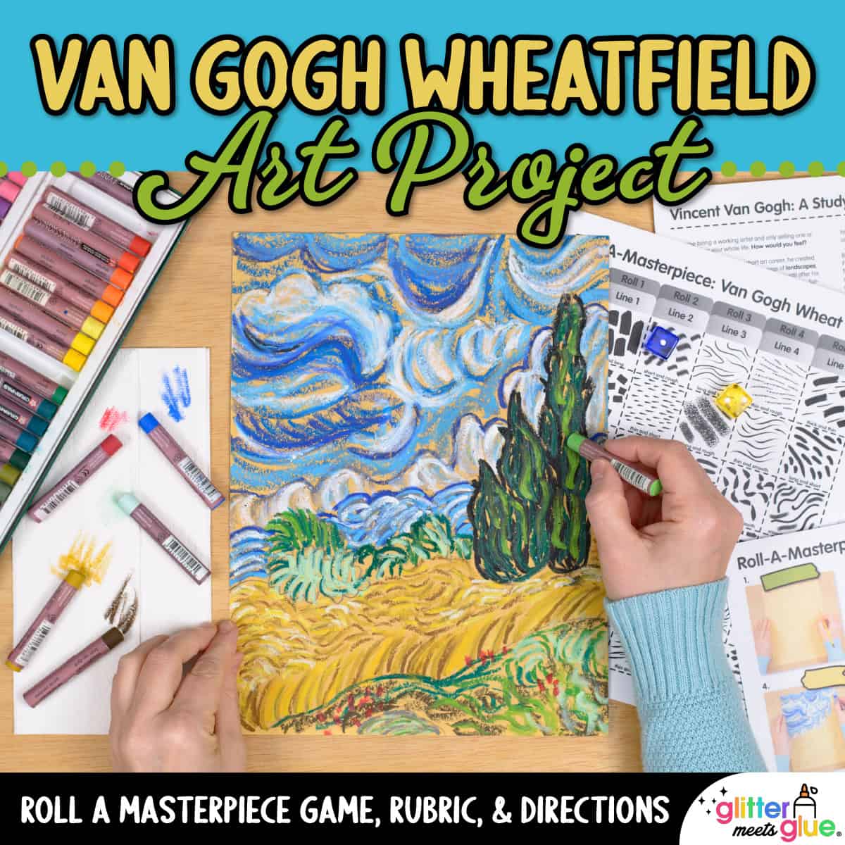 art lesson to recreate a van gogh wheatfield drawing using oil pastels